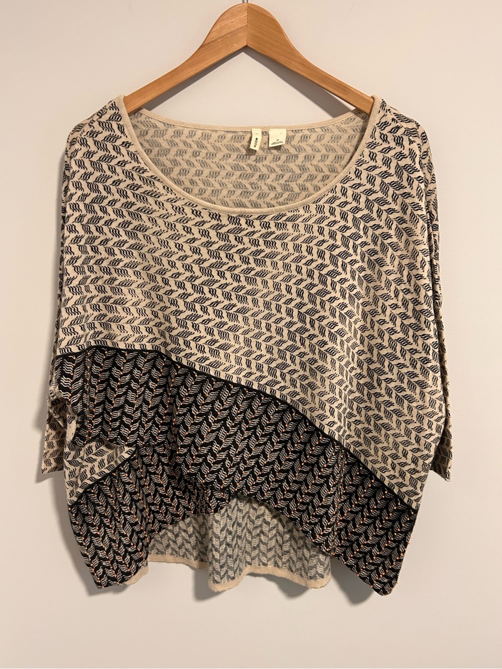 Moth Anthropologie Cotton Wool Blend Knit Cross Over Sweater Beige Black Beaded